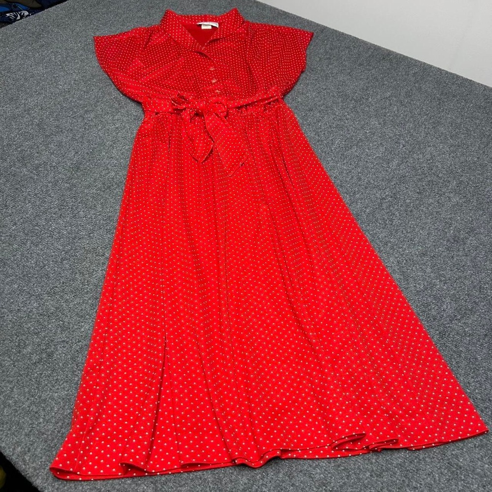 Vintage Forever Young red polka dot maxi dress with button front and tie accent